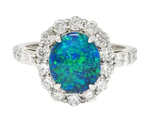 Contemporary Opal Diamond Platinum Cluster Ring