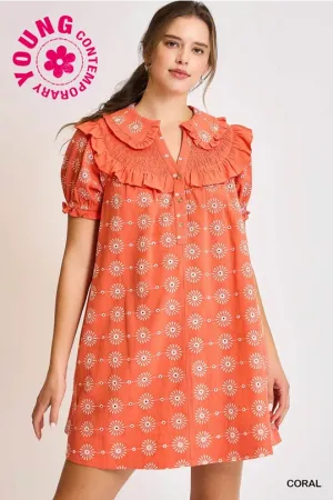 Coral Vintage-Inspired Ruffle Collar Mini Dress