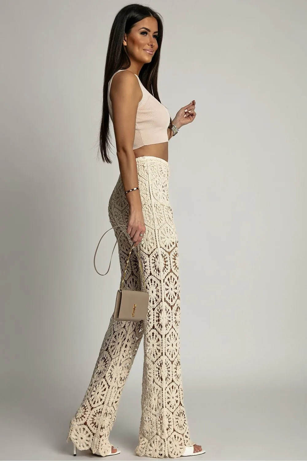 Crocheted Detail Wide-Leg Trousers