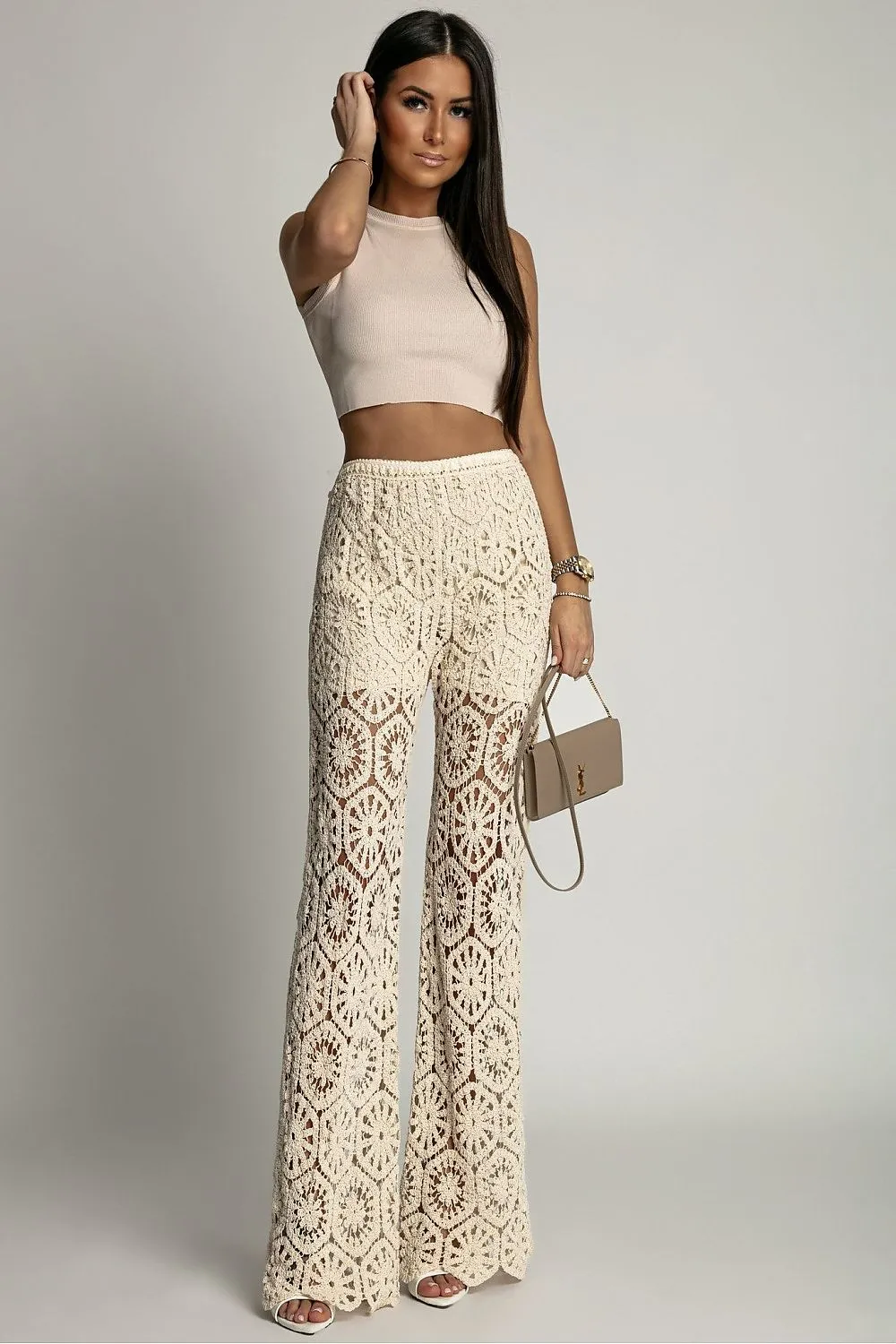 Crocheted Detail Wide-Leg Trousers