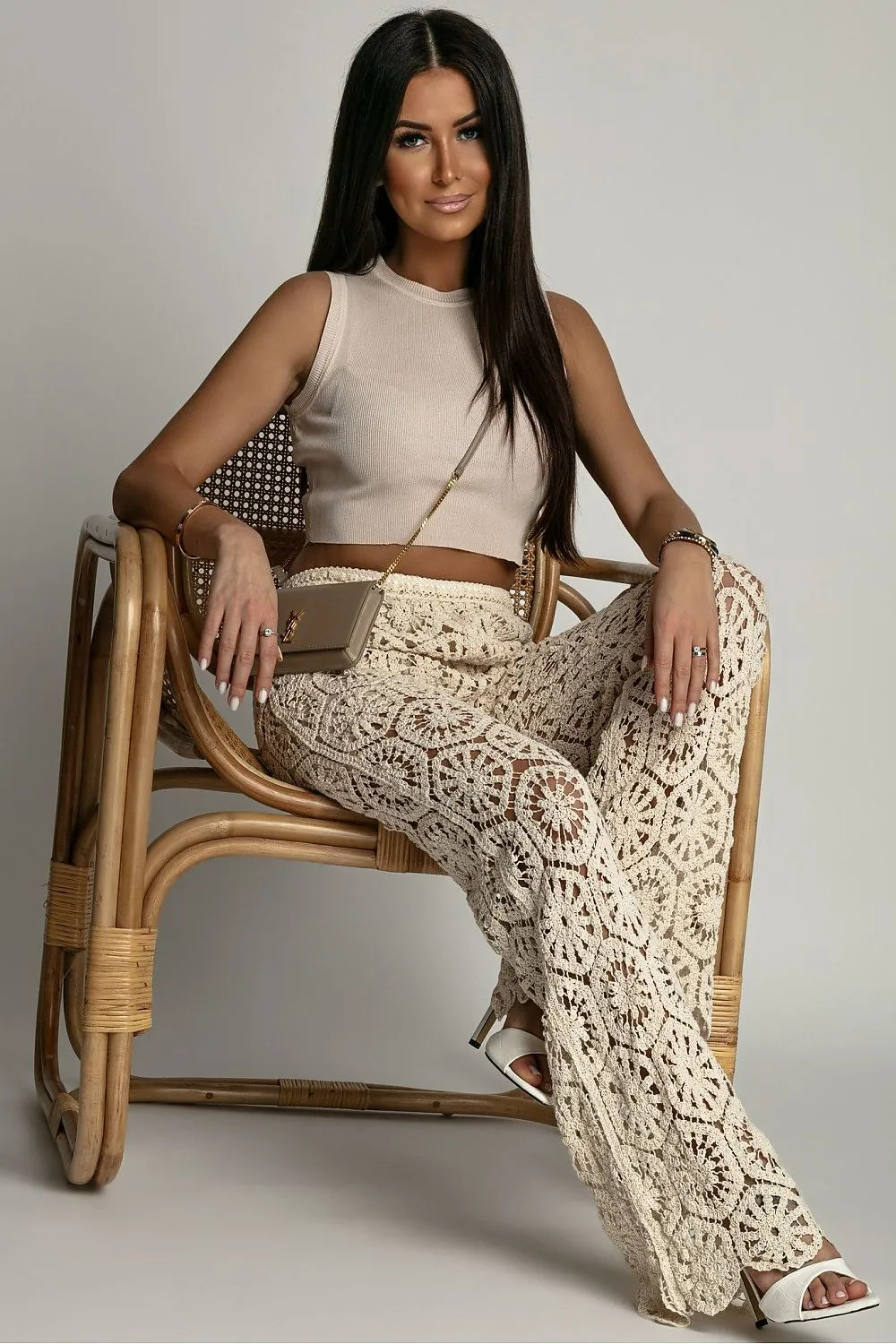 Crocheted Detail Wide-Leg Trousers