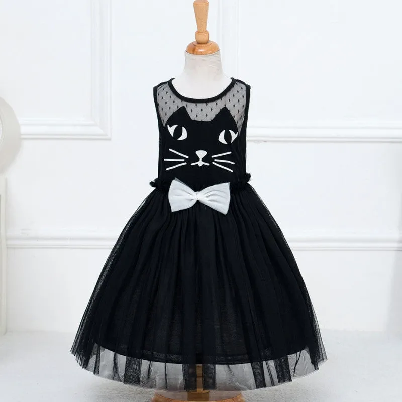 Cute Lace Bow Ball Gown Party Dresses Cartoon Cat Girl Sleeveless Dresses Tulle Girl Dress NW
