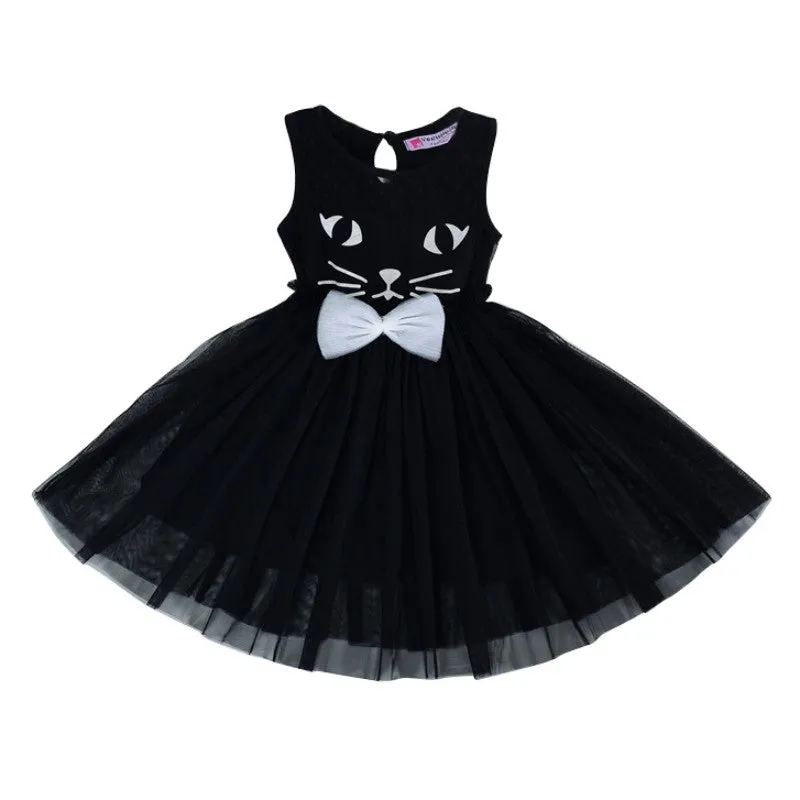 Cute Lace Bow Ball Gown Party Dresses Cartoon Cat Girl Sleeveless Dresses Tulle Girl Dress NW