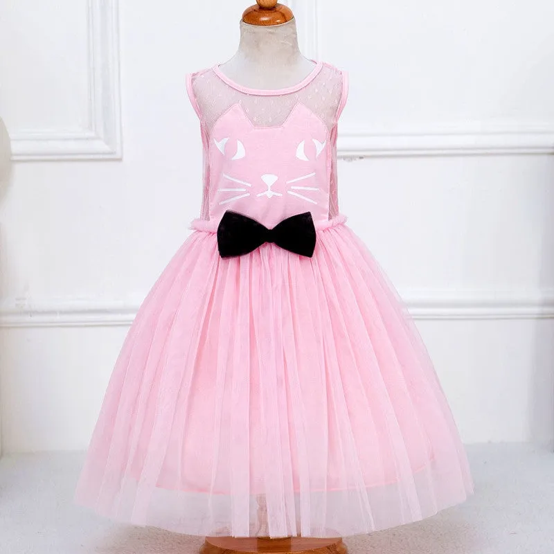 Cute Lace Bow Ball Gown Party Dresses Cartoon Cat Girl Sleeveless Dresses Tulle Girl Dress NW