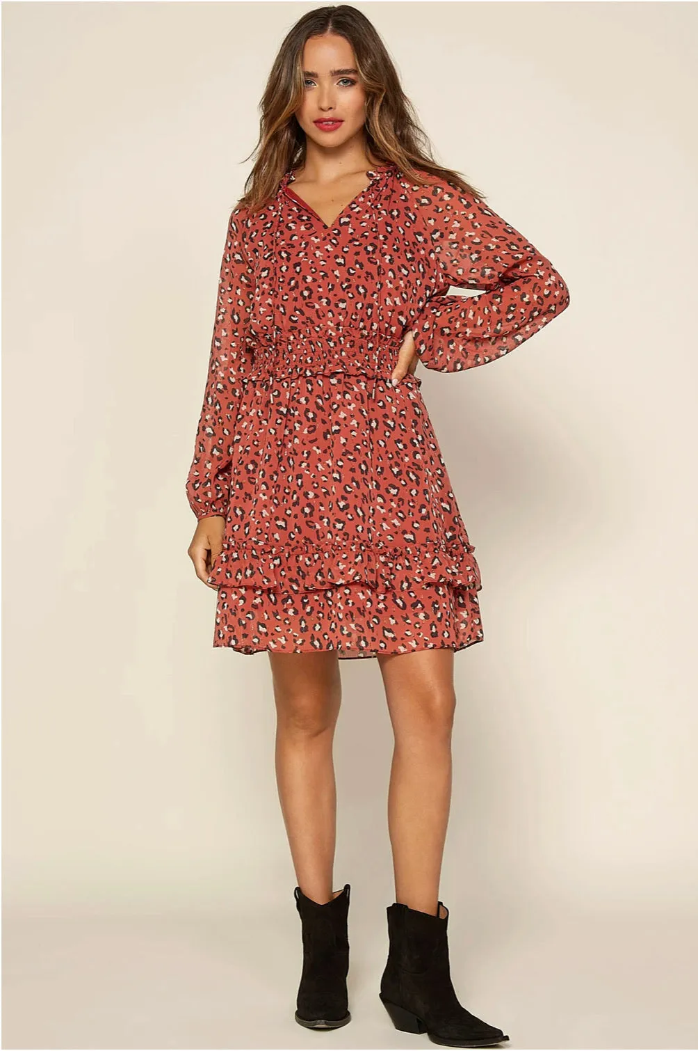 D31 FOIL LEOPARD RUFFLE DRESS