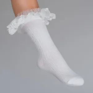 Daga - Lace Trim Knee High Socks - Cream