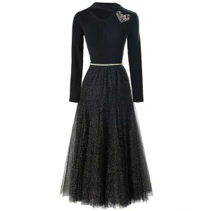Dani V-Neck Long Sleeve knit Tops   Elastic Waist Mesh Skirt Black Office Lady Two Piece Set