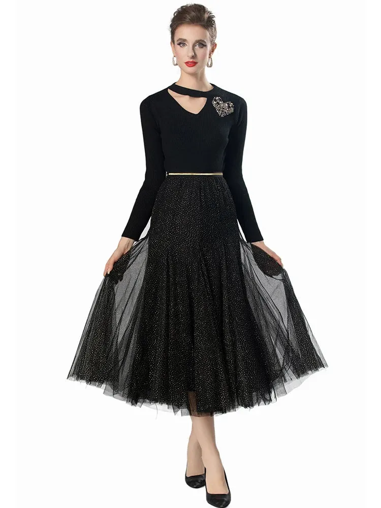 Dani V-Neck Long Sleeve knit Tops   Elastic Waist Mesh Skirt Black Office Lady Two Piece Set