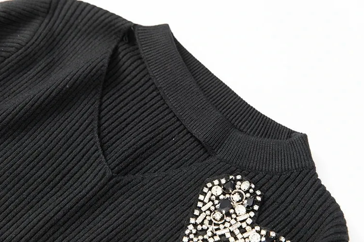 Dani V-Neck Long Sleeve knit Tops   Elastic Waist Mesh Skirt Black Office Lady Two Piece Set