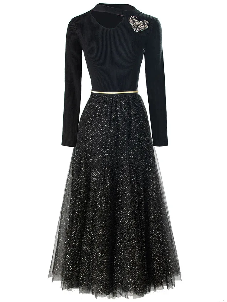 Dani V-Neck Long Sleeve knit Tops   Elastic Waist Mesh Skirt Black Office Lady Two Piece Set