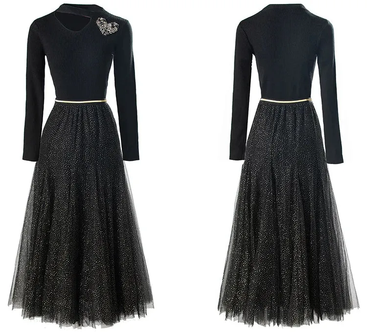 Dani V-Neck Long Sleeve knit Tops   Elastic Waist Mesh Skirt Black Office Lady Two Piece Set