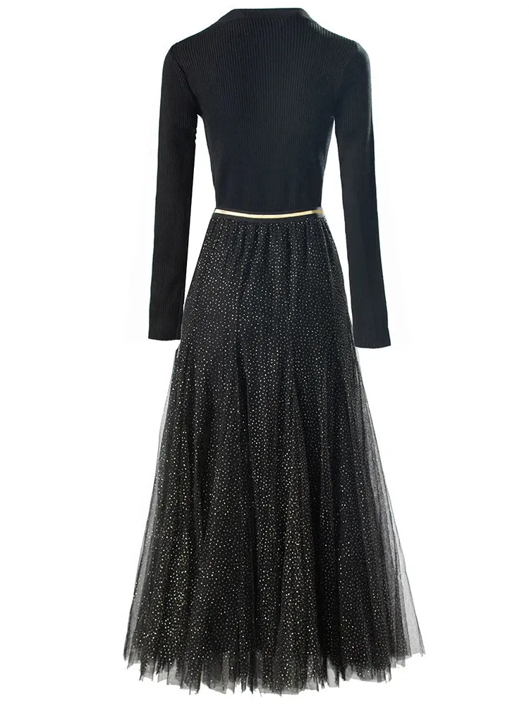 Dani V-Neck Long Sleeve knit Tops   Elastic Waist Mesh Skirt Black Office Lady Two Piece Set