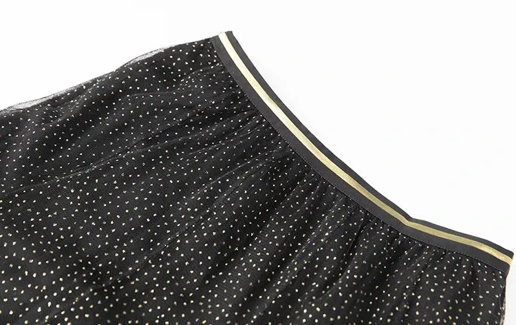 Dani V-Neck Long Sleeve knit Tops   Elastic Waist Mesh Skirt Black Office Lady Two Piece Set