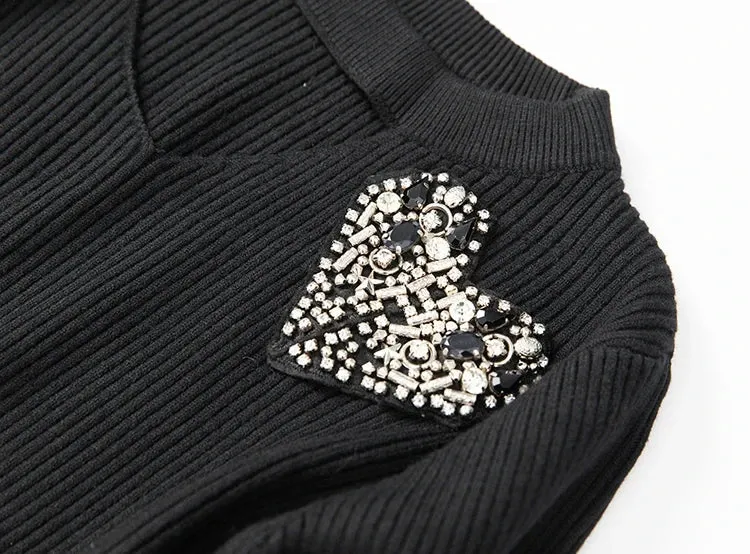 Dani V-Neck Long Sleeve knit Tops   Elastic Waist Mesh Skirt Black Office Lady Two Piece Set