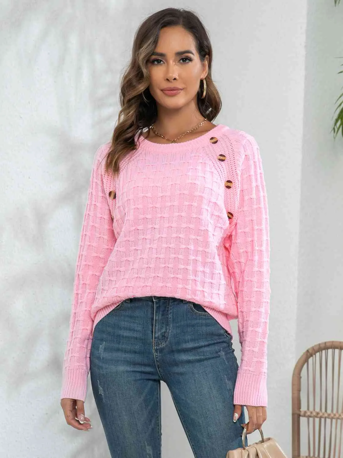 Decorative Button Long Sleeve Sweater (2 Colors)