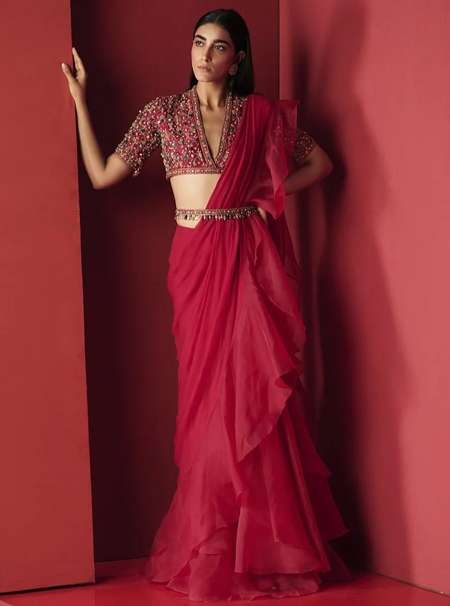 Deep Fuschia Draped Ruffle Saree Set