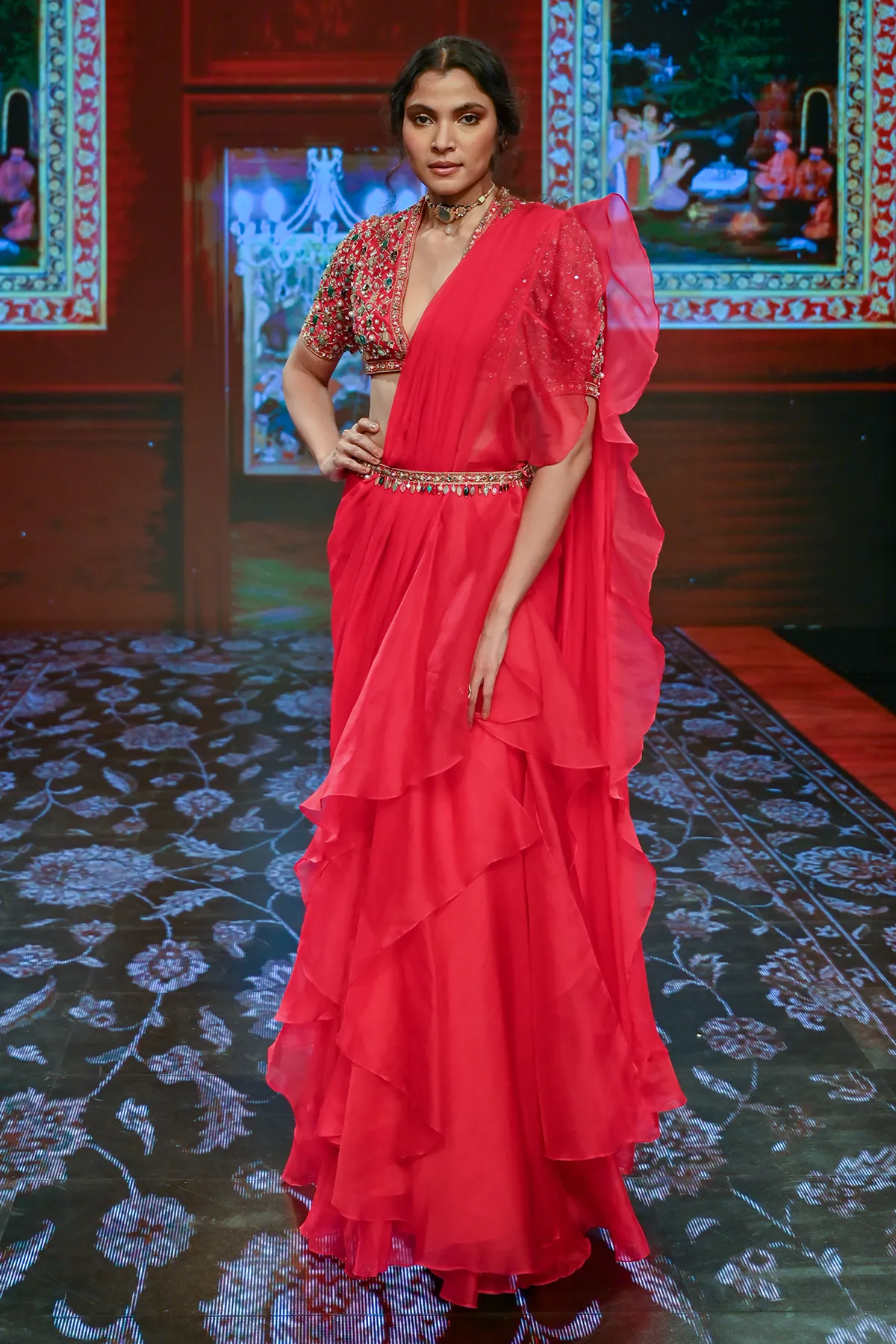 Deep Fuschia Draped Ruffle Saree Set