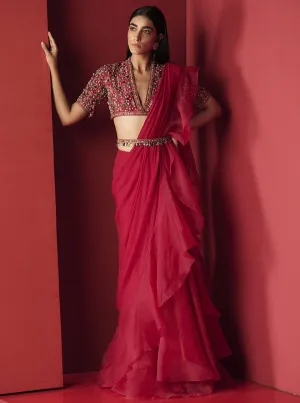 Deep Fuschia Draped Ruffle Saree Set