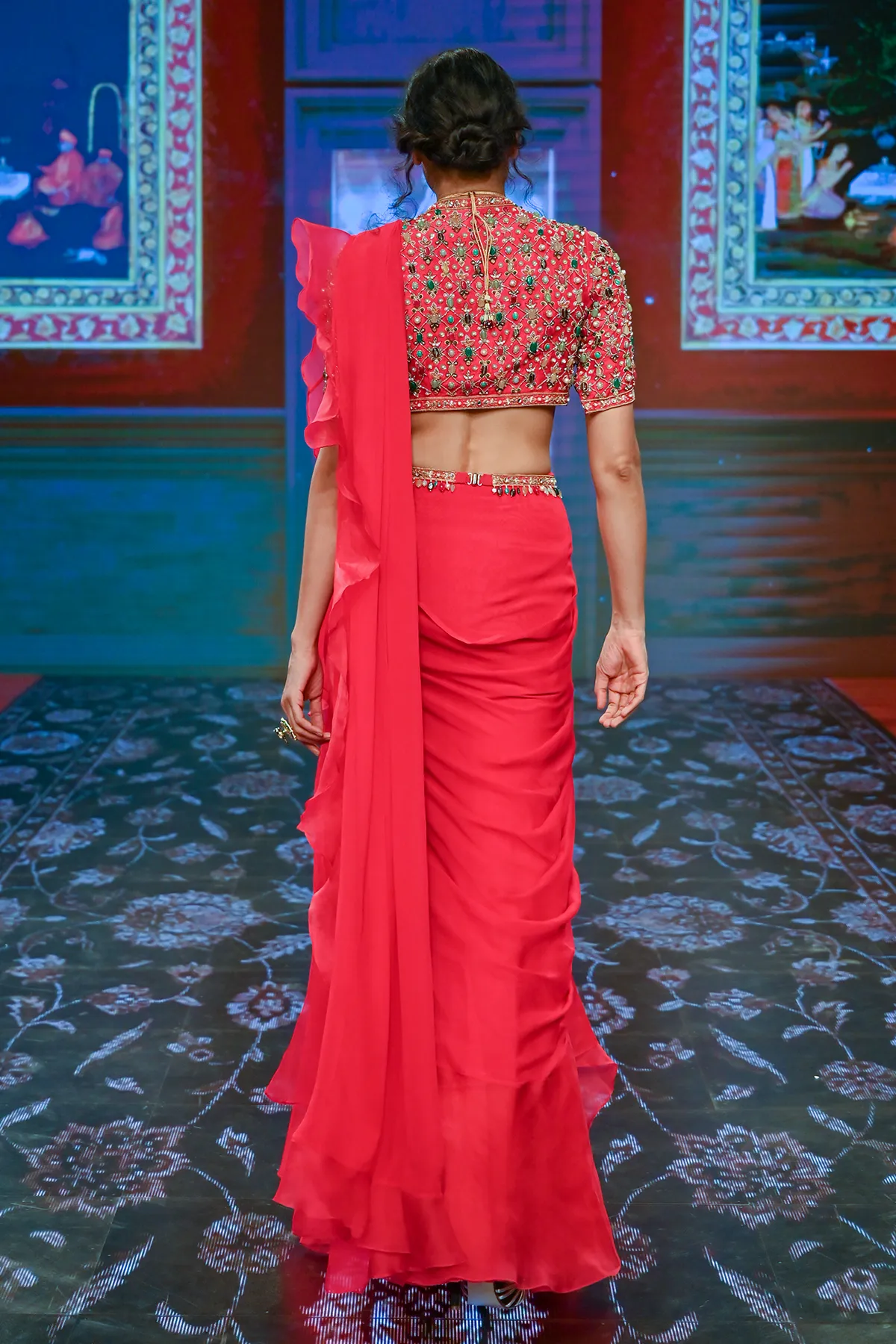 Deep Fuschia Draped Ruffle Saree Set