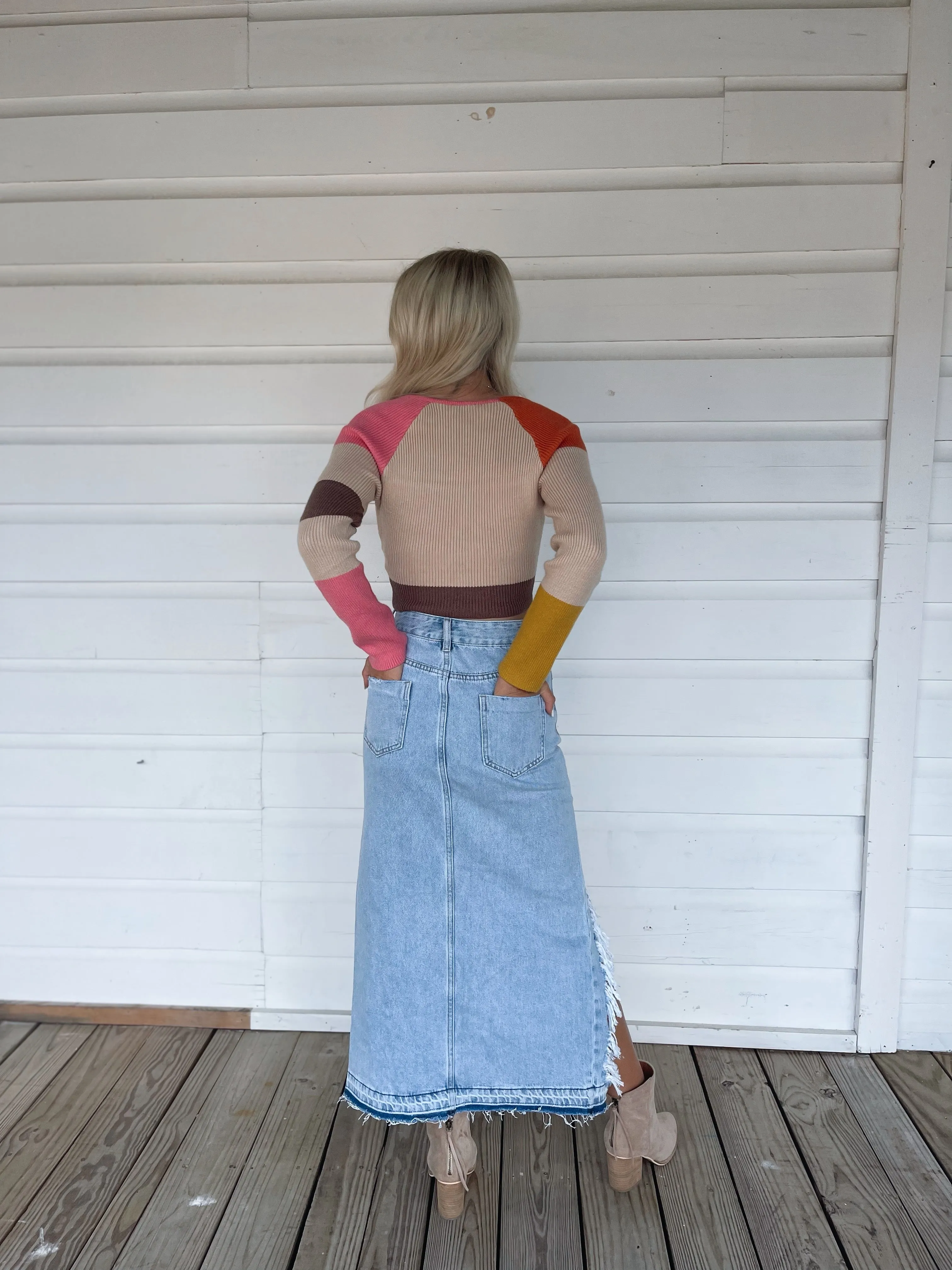 Denim Distressed Maxi Skirt