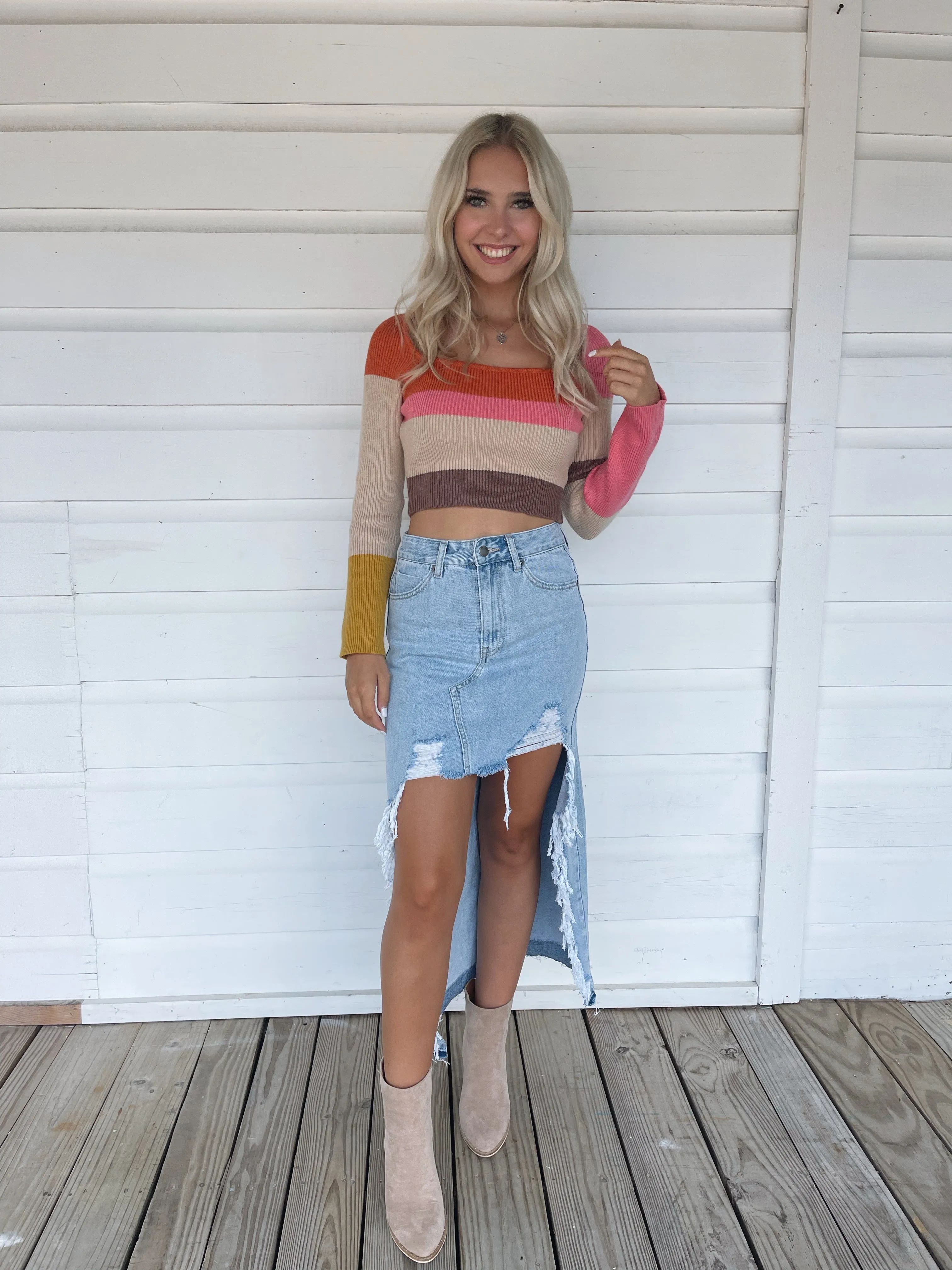 Denim Distressed Maxi Skirt