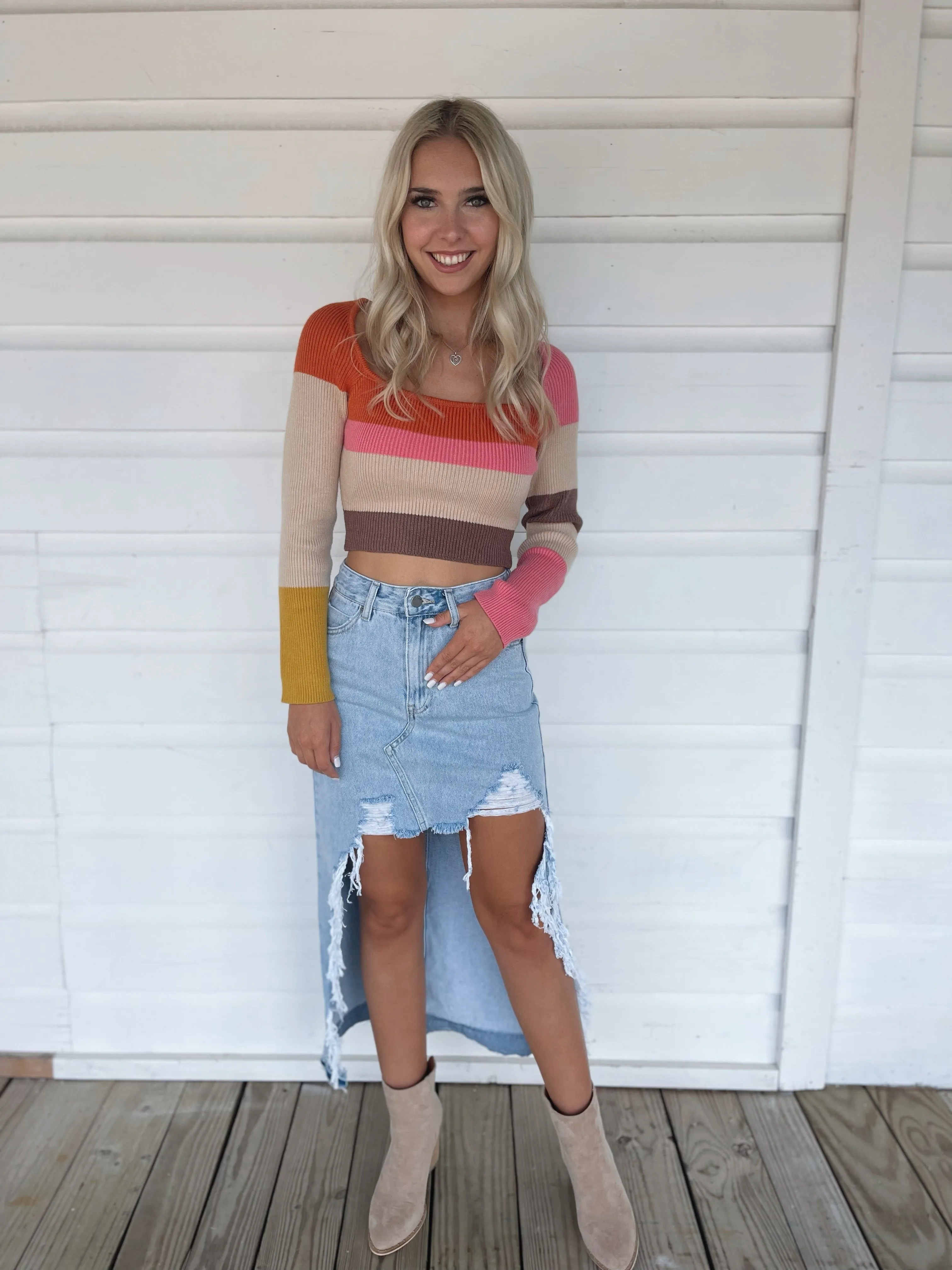 Denim Distressed Maxi Skirt