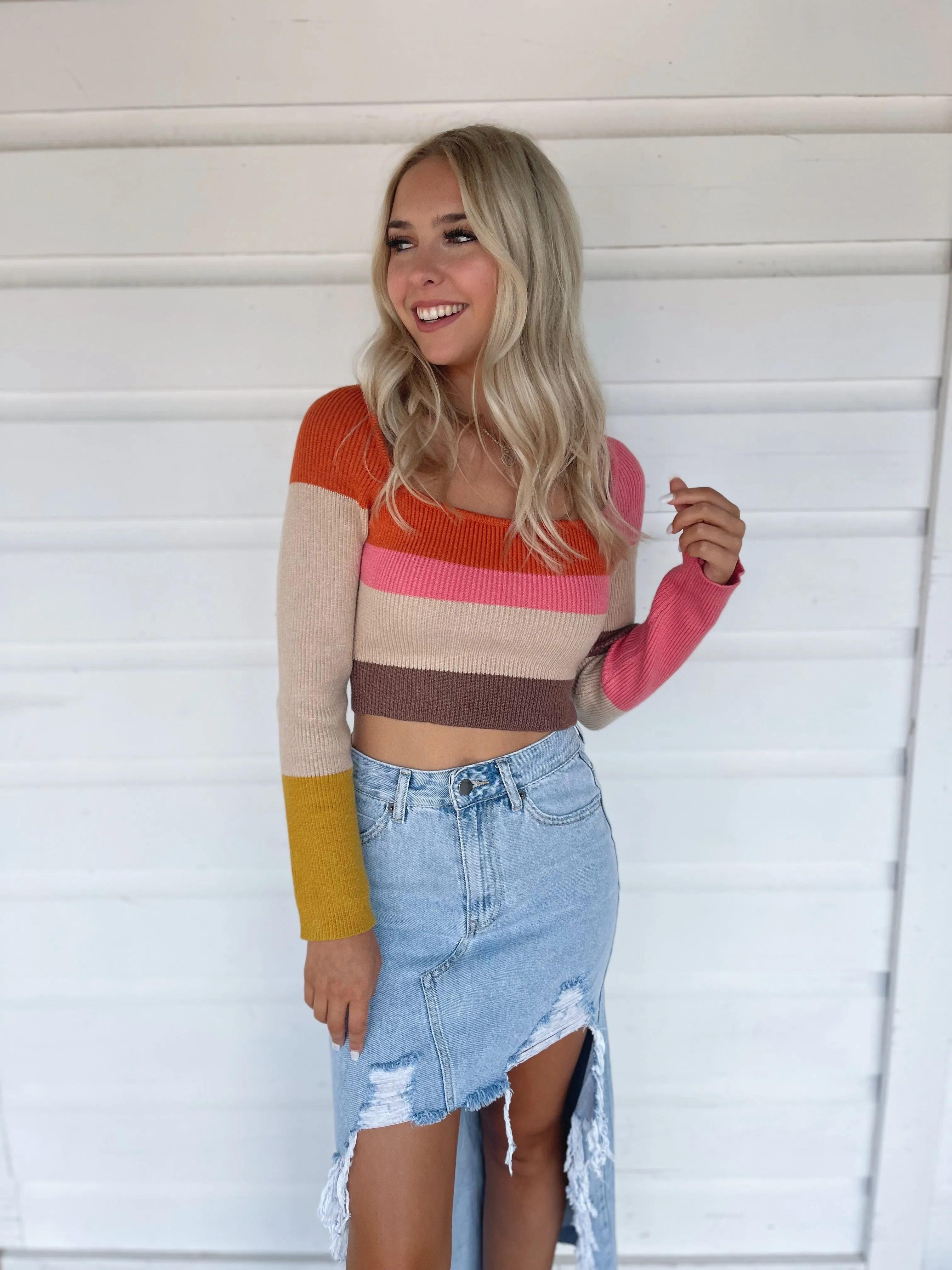 Denim Distressed Maxi Skirt
