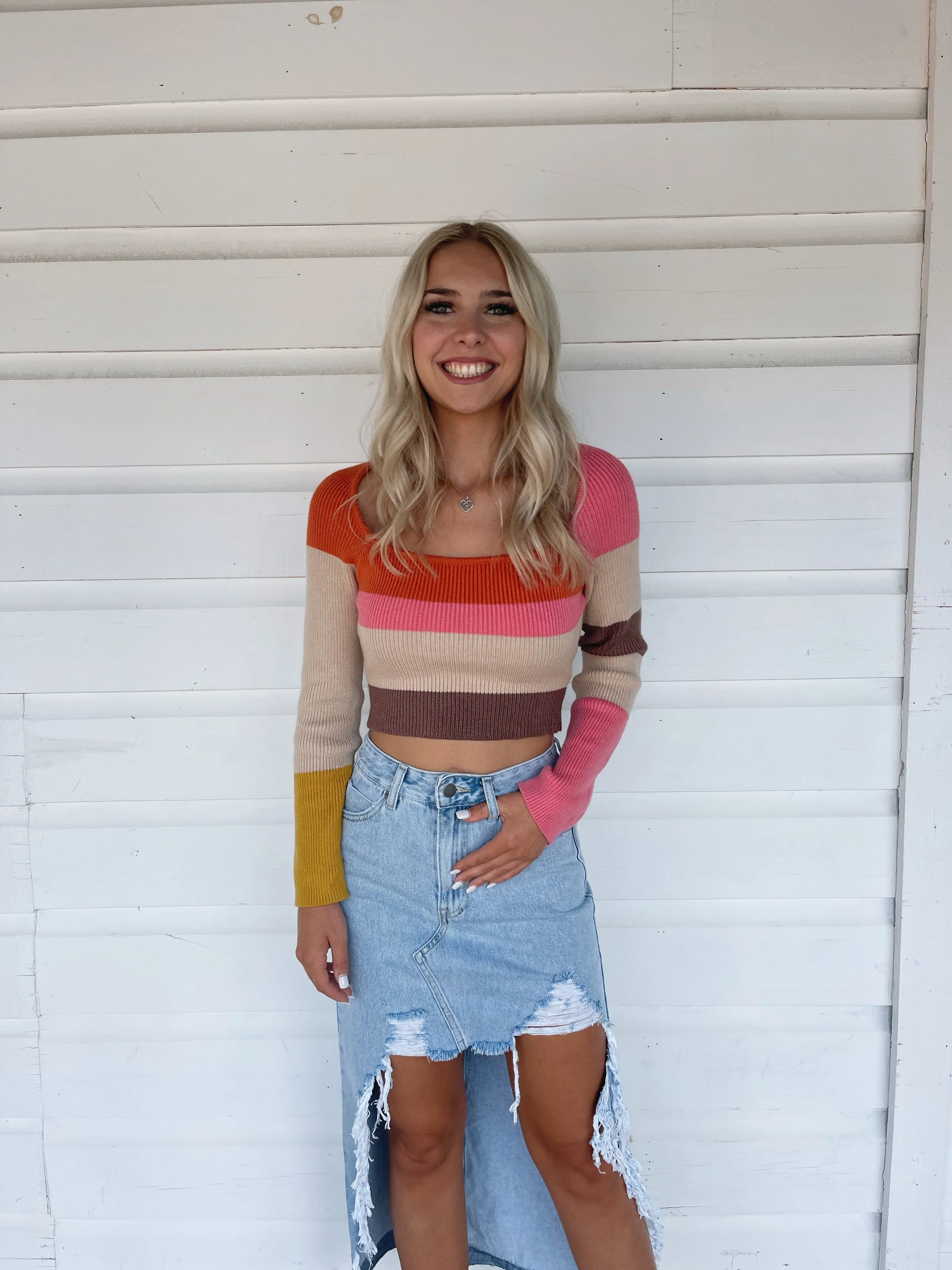 Denim Distressed Maxi Skirt