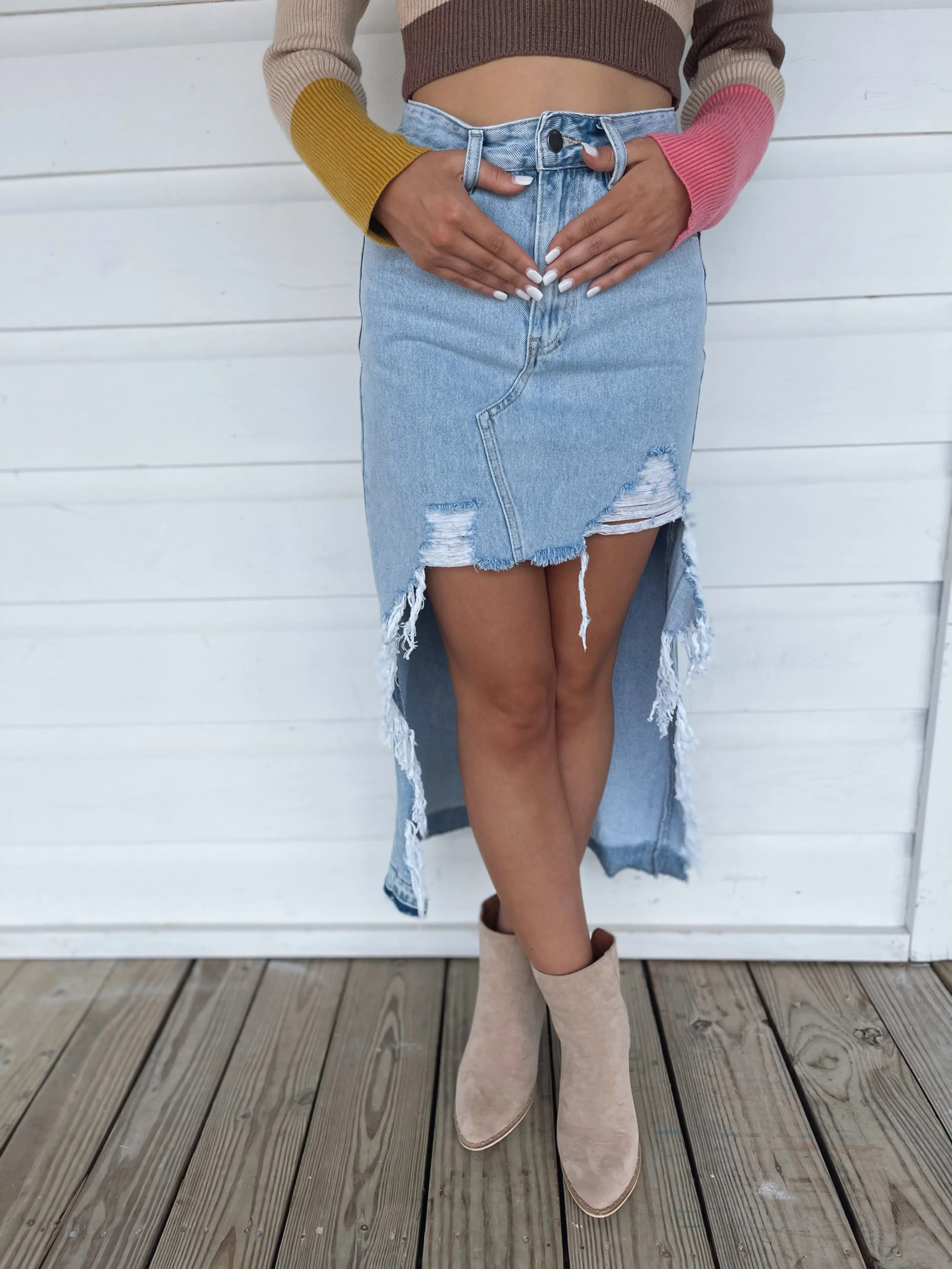Denim Distressed Maxi Skirt