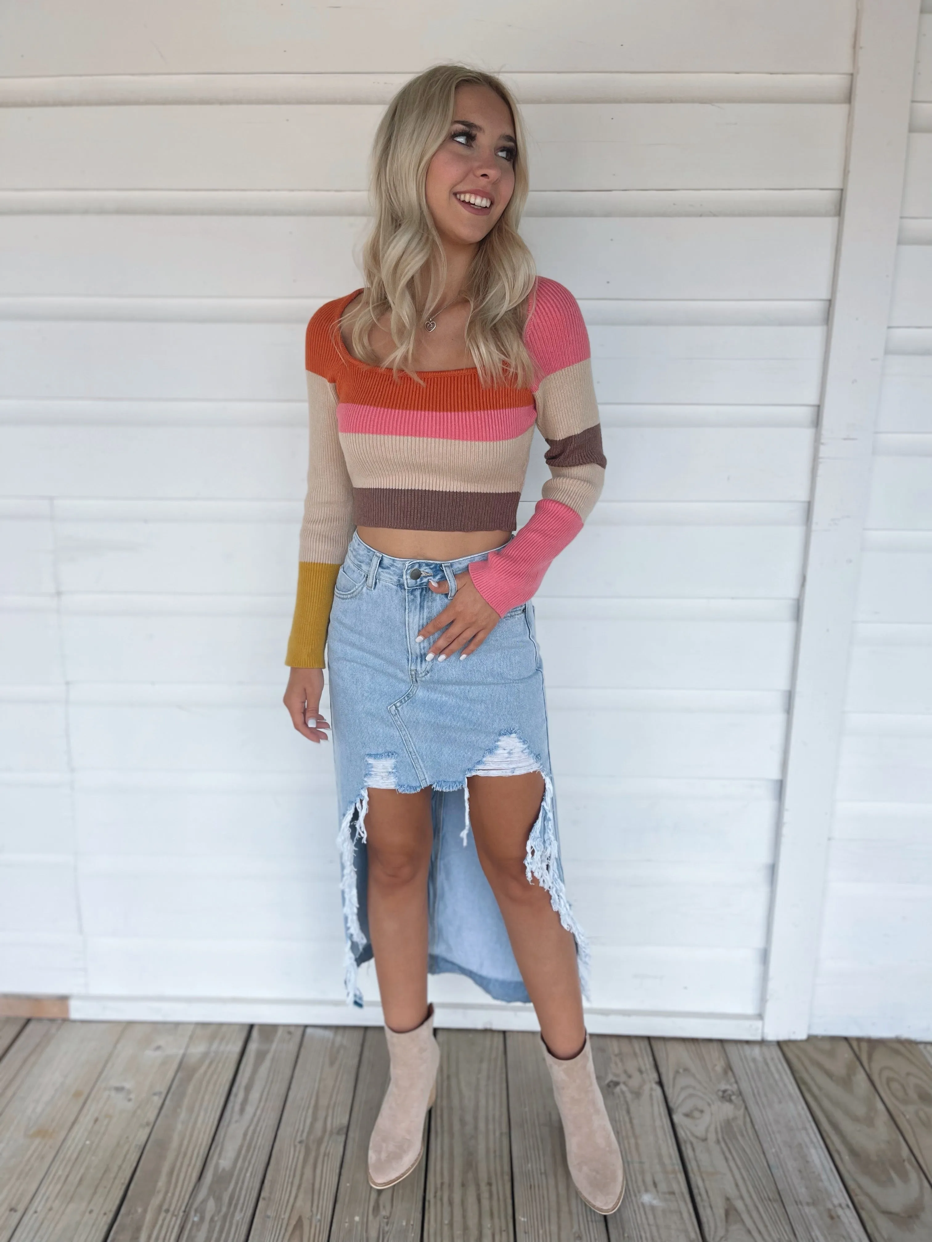 Denim Distressed Maxi Skirt