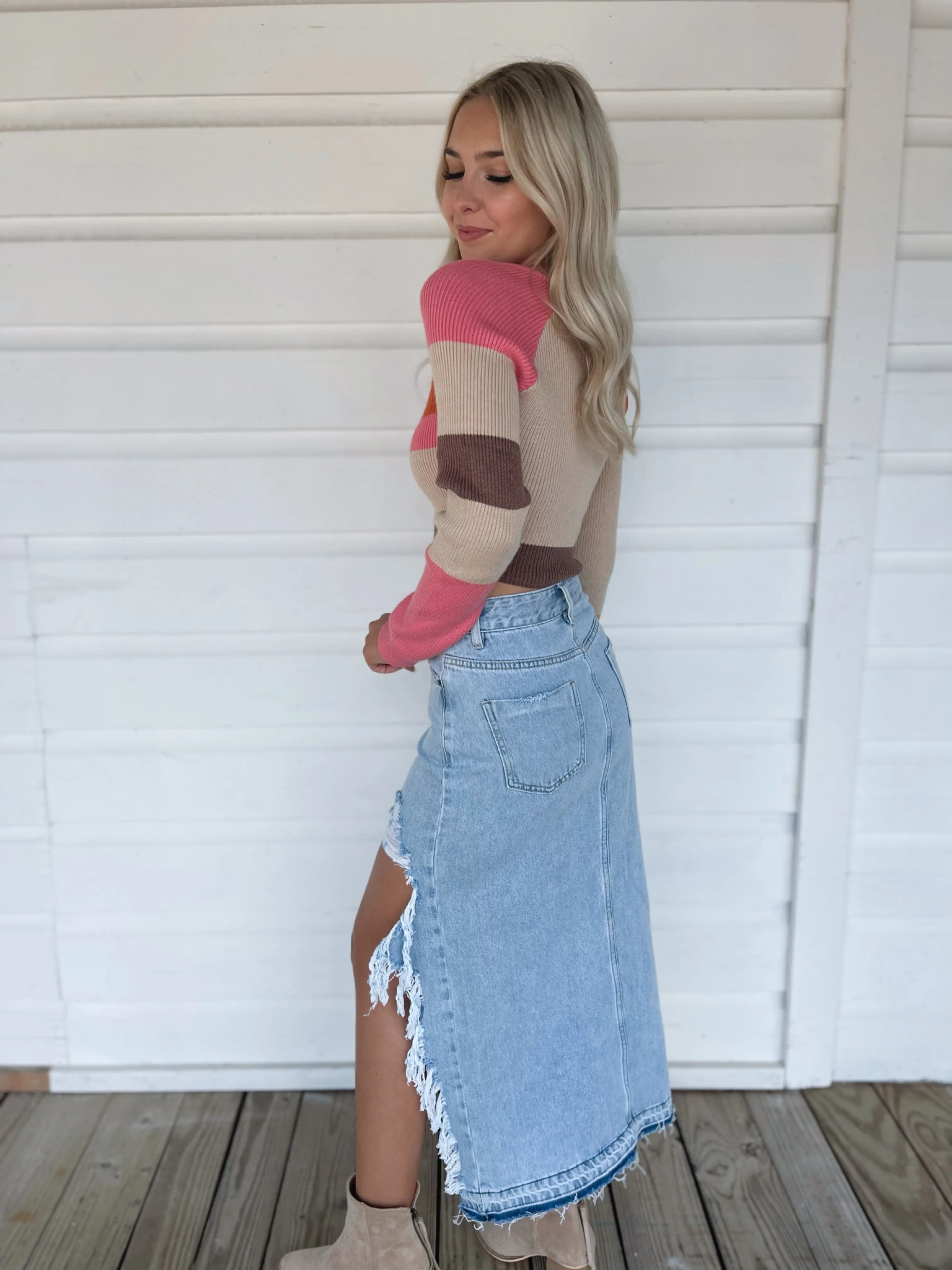 Denim Distressed Maxi Skirt