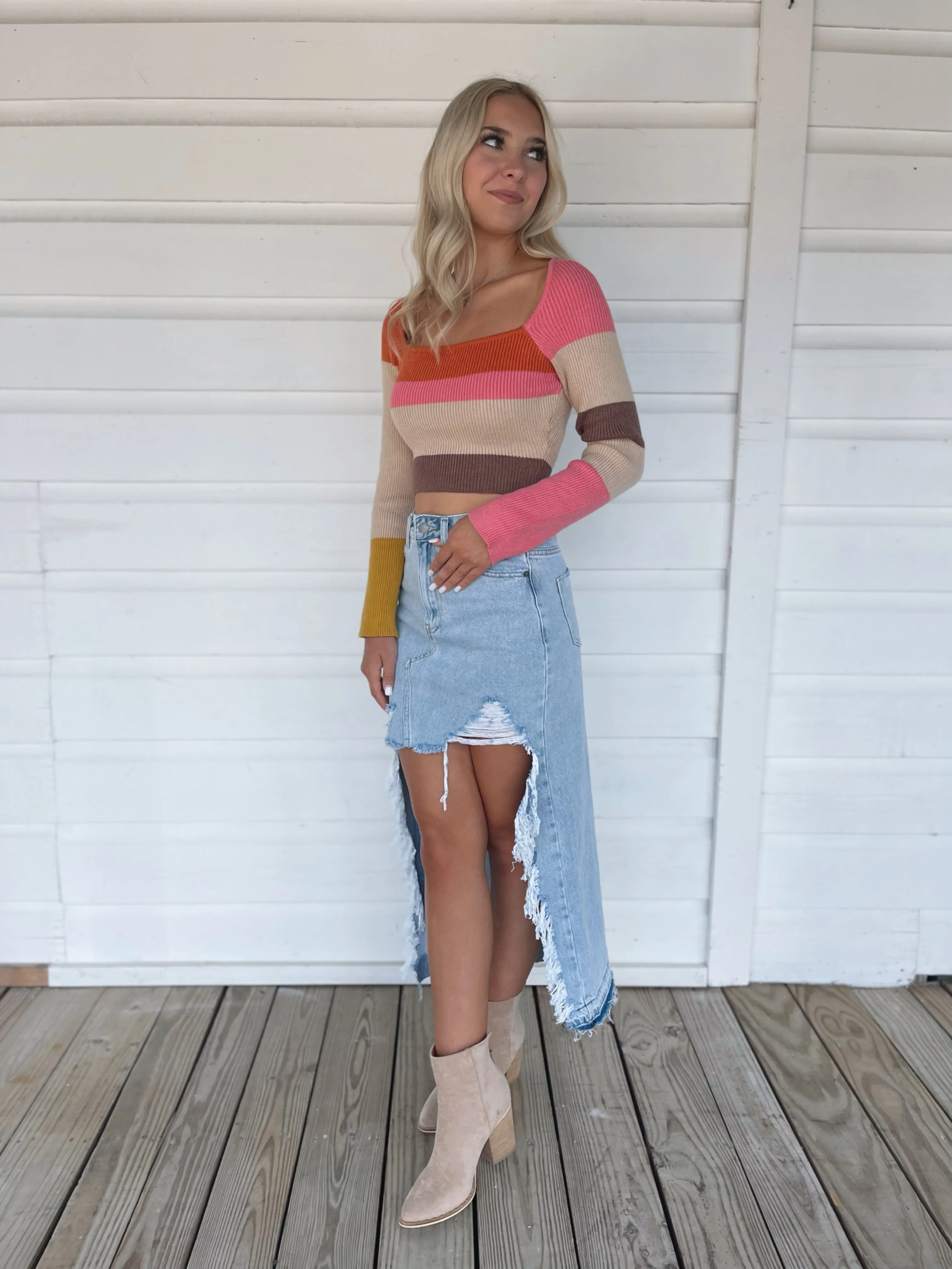 Denim Distressed Maxi Skirt
