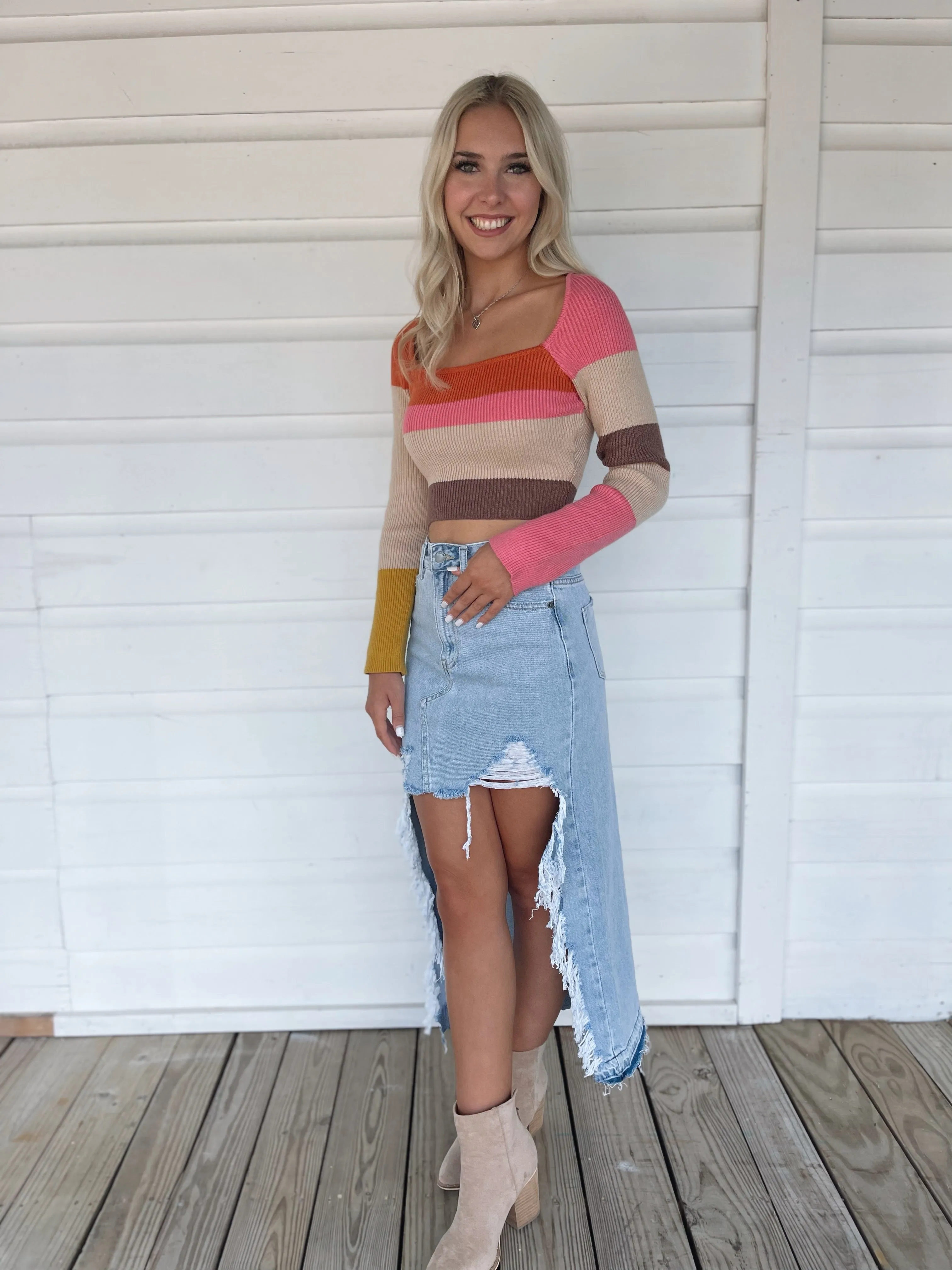 Denim Distressed Maxi Skirt