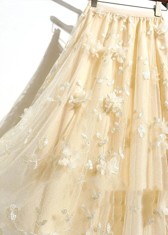 DIY Apricot Embroidered Floral Tulle A Line Skirts Summer