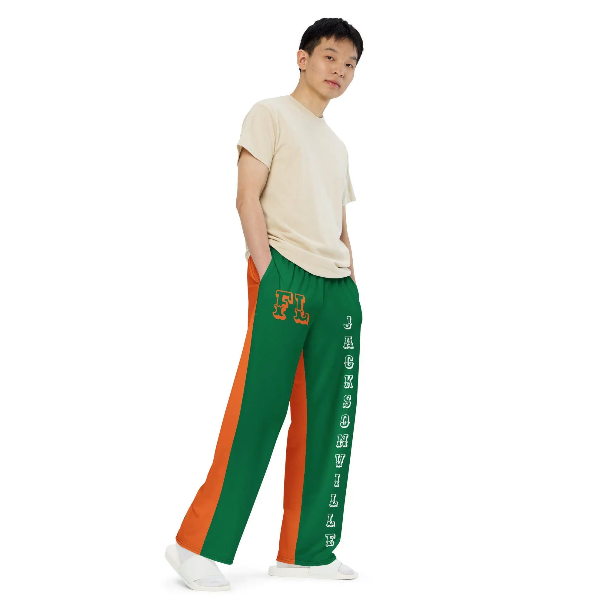 DJD FL- "It's A Jacksonville Thang" Unisex 2 Tone Wide-Leg Pants Green/White/Orange
