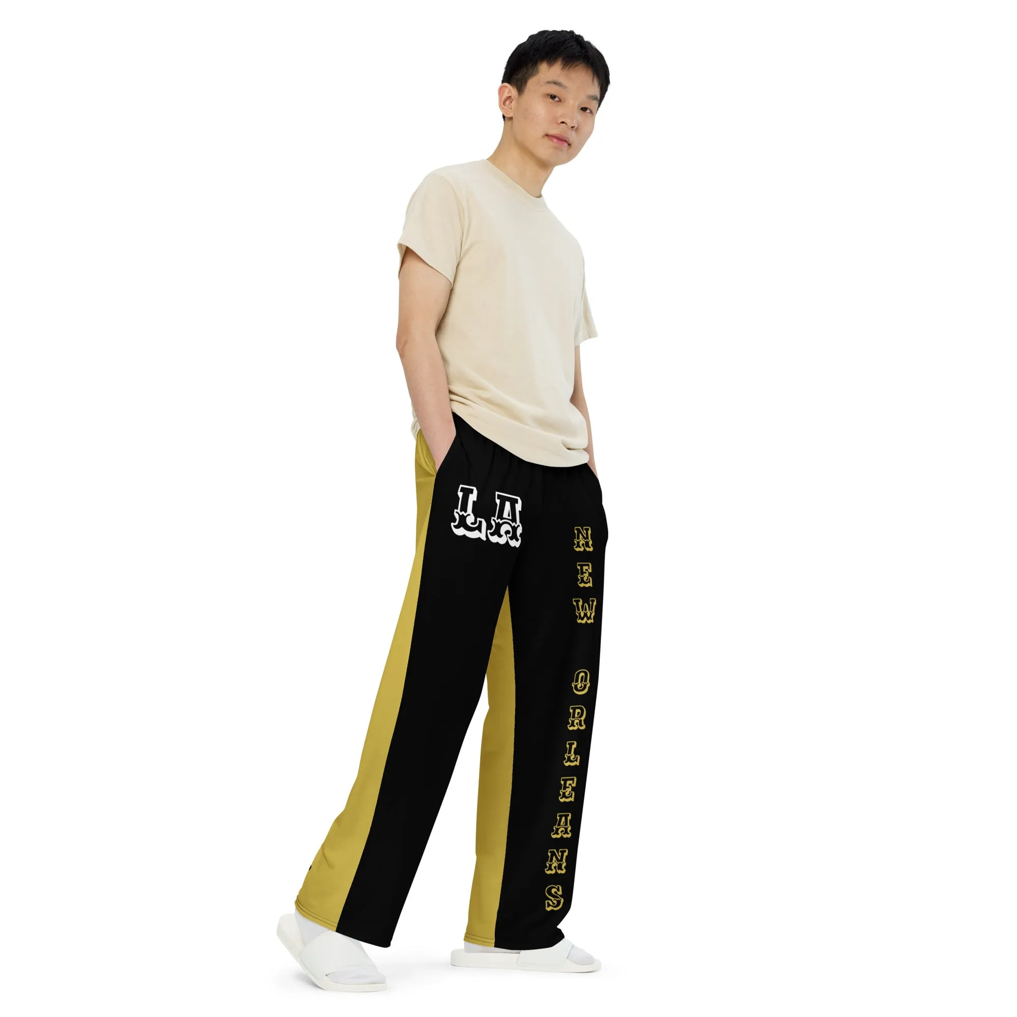 DJD LA- "It's A New Orleans Thang" Unisex 2 Tone Wide-Leg Pants Black/Gold/White