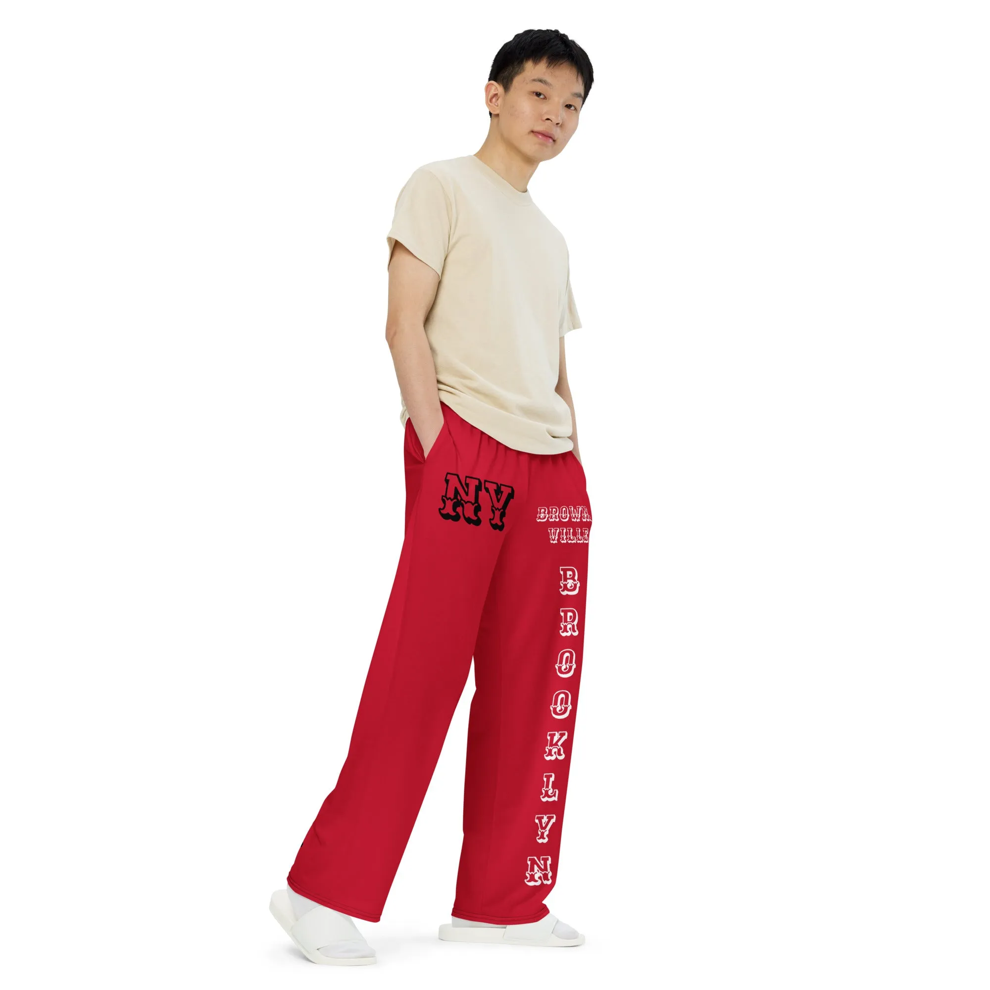 DJD NY- "It's A Brooklyn (Brownsville) Thang" Unisex Wide-Leg Pants Red/Black/White