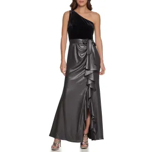 DKNY Women's Velvet/foil Chiffon Ruffle Skirt Mix Media Dress, Black/Silver