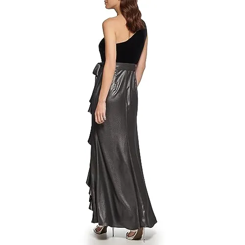 DKNY Women's Velvet/foil Chiffon Ruffle Skirt Mix Media Dress, Black/Silver