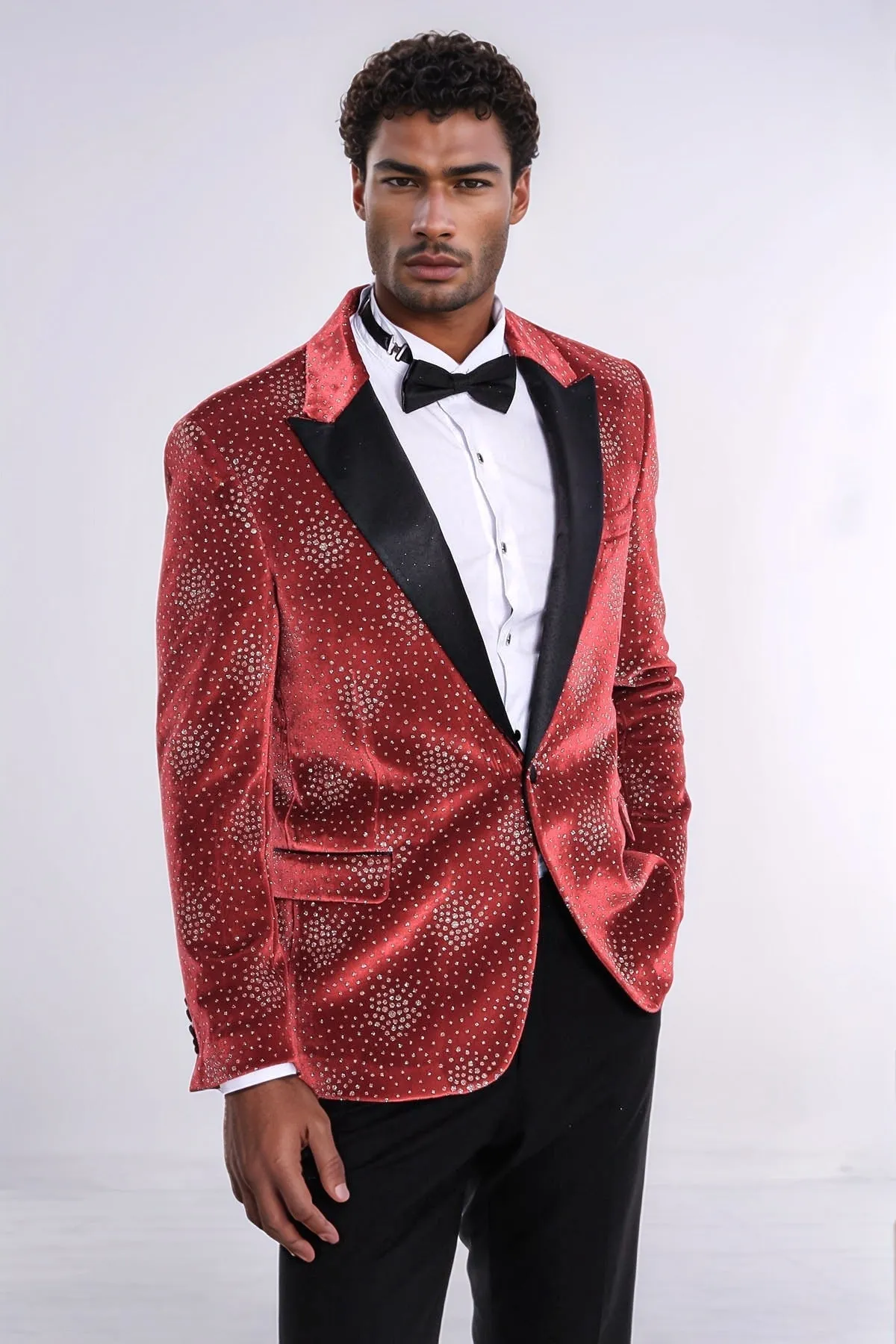 Dot Patterned Peak Lapel Burgundy Men Prom Blazer - Wessi
