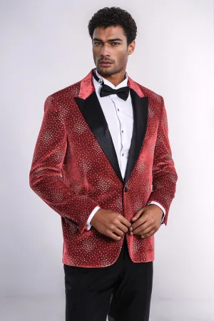 Dot Patterned Peak Lapel Burgundy Men Prom Blazer - Wessi