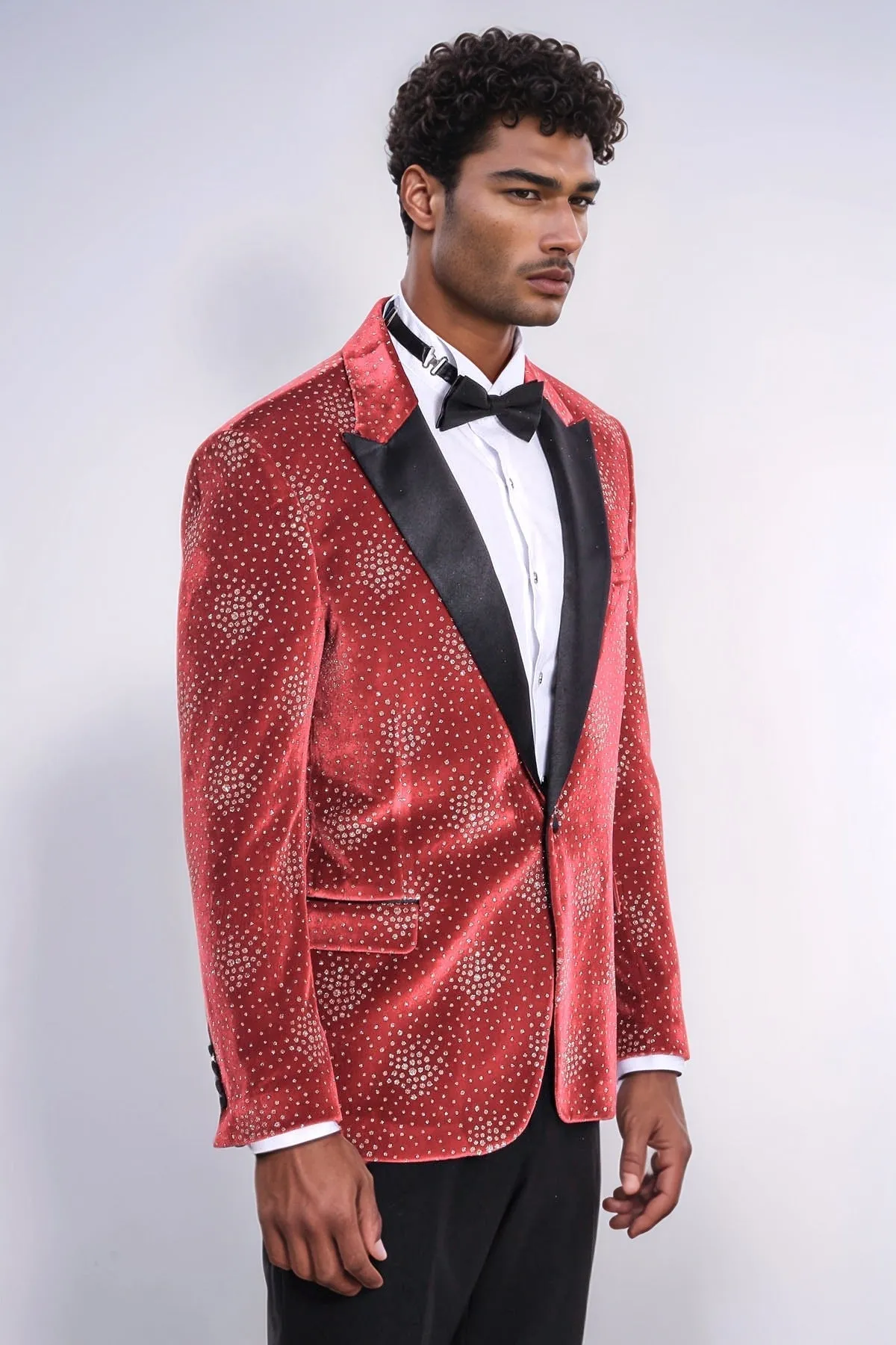 Dot Patterned Peak Lapel Burgundy Men Prom Blazer - Wessi