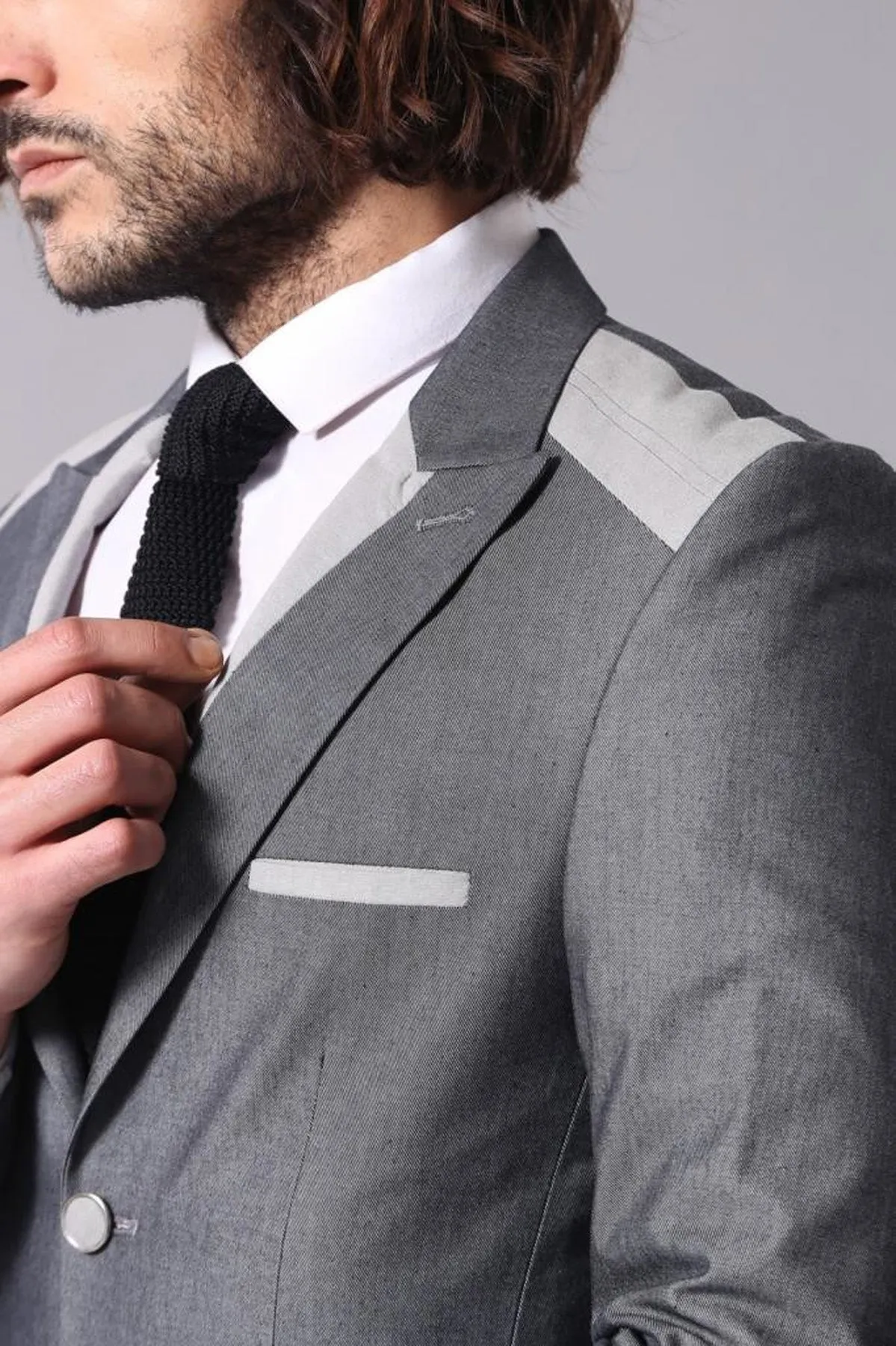 Double Button Bag Pocket Pointed Collar Grey Jacket-Wessi