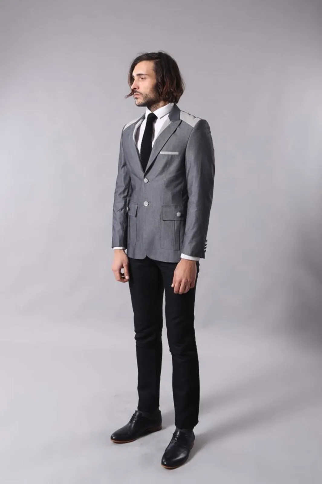 Double Button Bag Pocket Pointed Collar Grey Jacket-Wessi