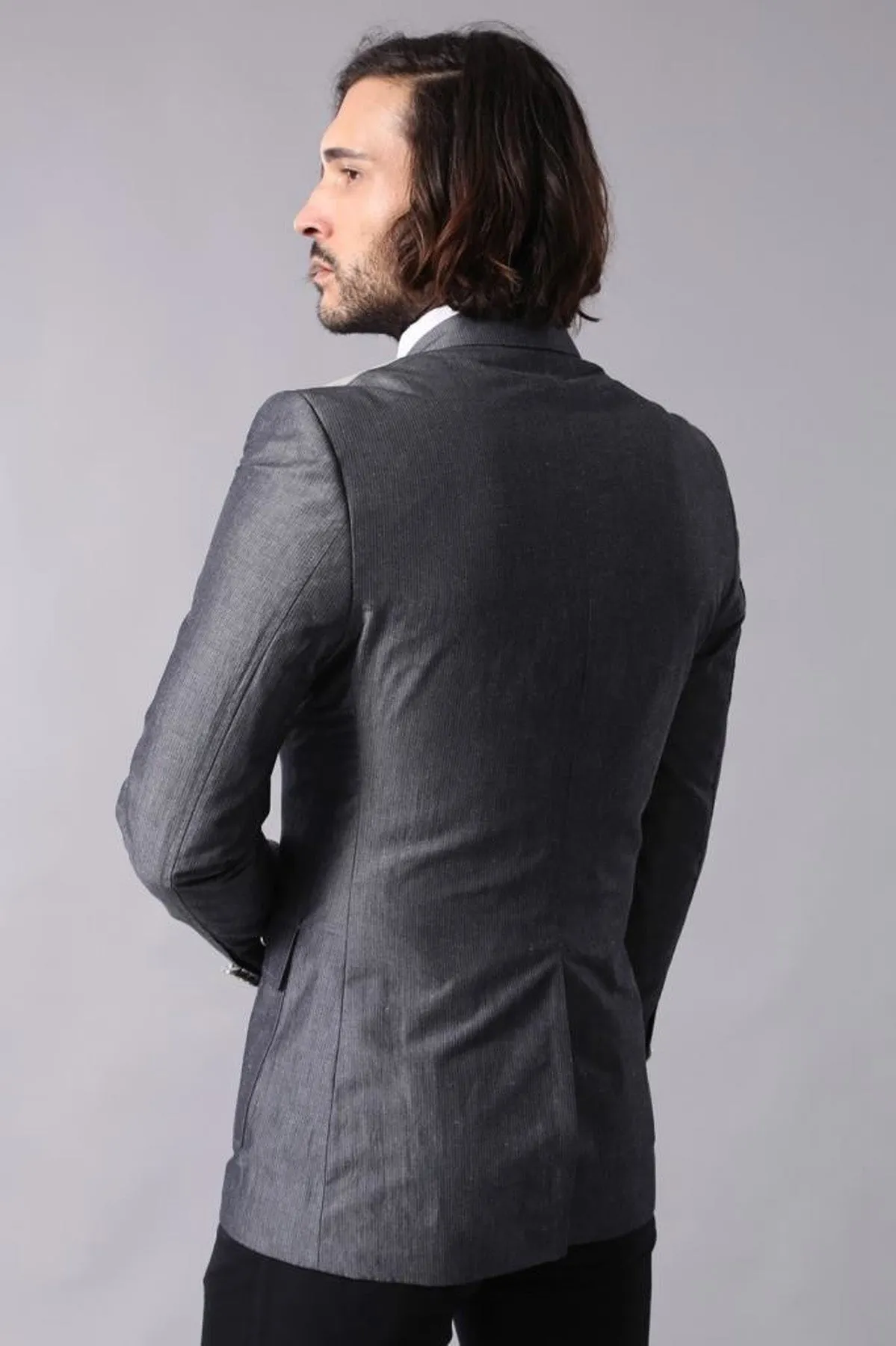 Double Button Bag Pocket Pointed Collar Grey Jacket-Wessi