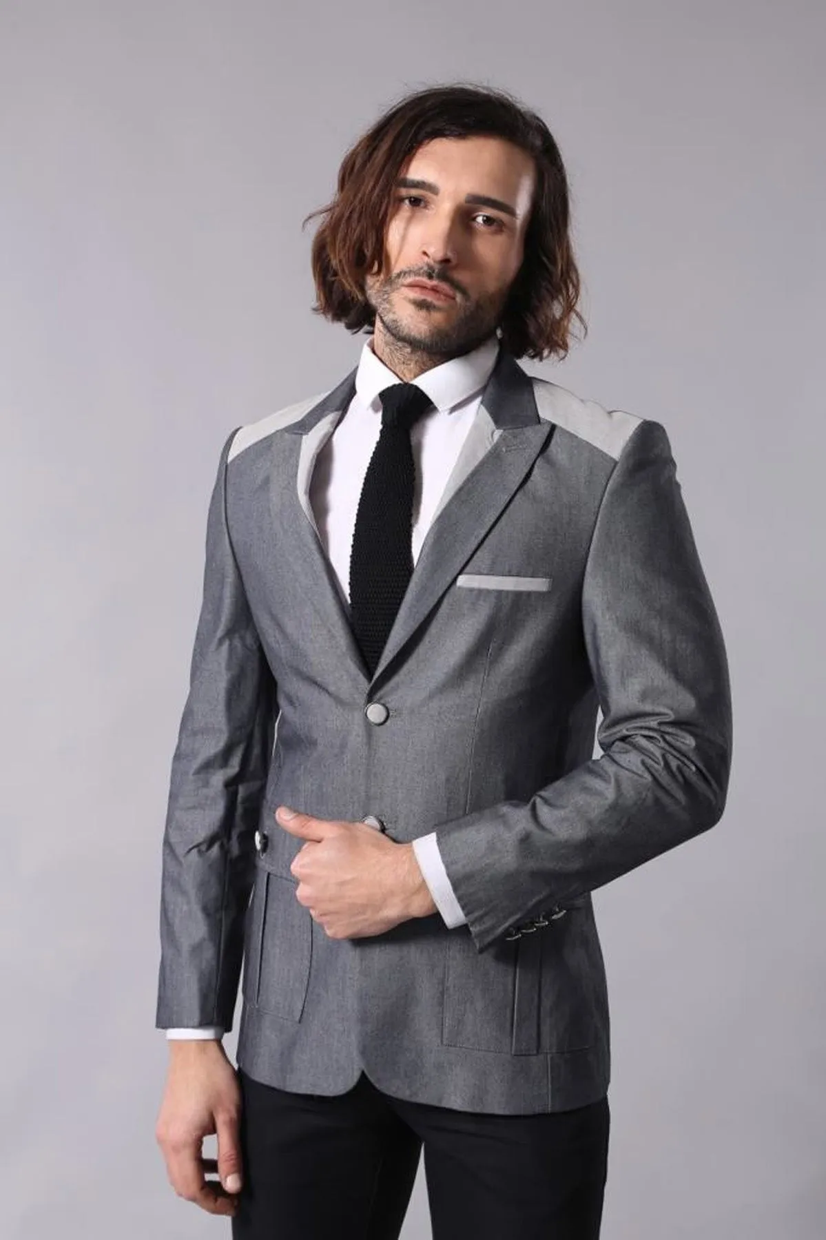 Double Button Bag Pocket Pointed Collar Grey Jacket-Wessi