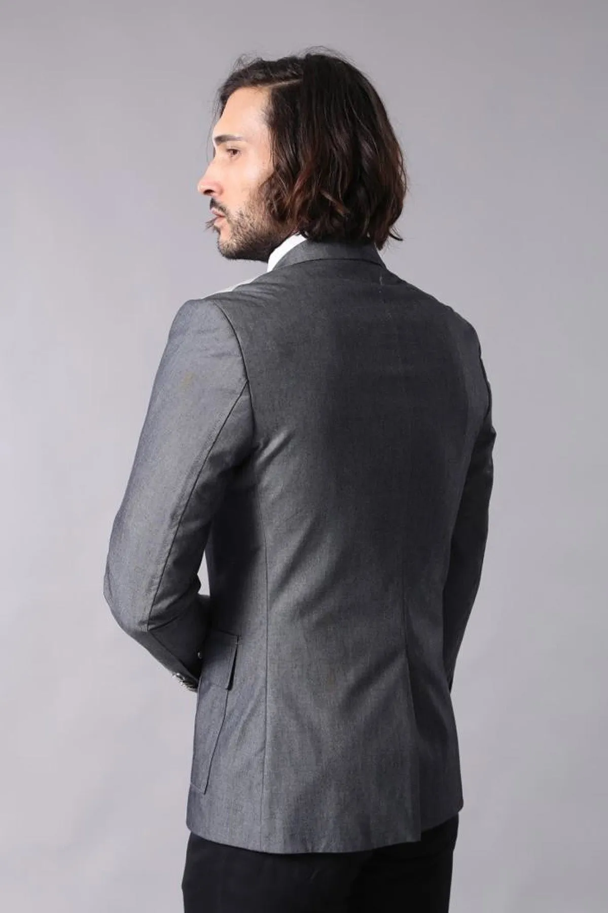 Double Button Bag Pocket Pointed Collar Grey Jacket-Wessi