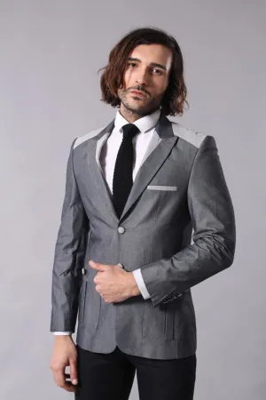 Double Button Bag Pocket Pointed Collar Grey Jacket-Wessi