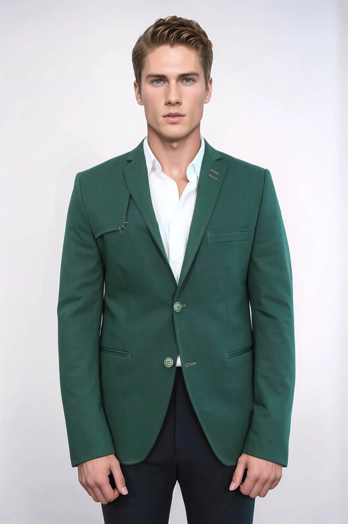 Double Buttons Shoulder Piece Mono Lapel Green Jacket-Wessi