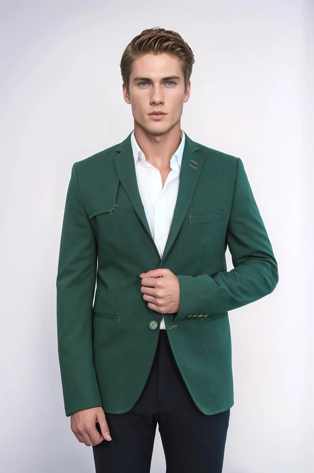 Double Buttons Shoulder Piece Mono Lapel Green Jacket-Wessi
